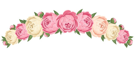 A curved border of pink and cream peonies with green leaves © Sendal