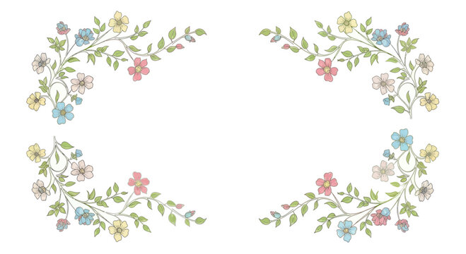 Four corners adorned with delicate, pastel-colored wildflowers and green foliage