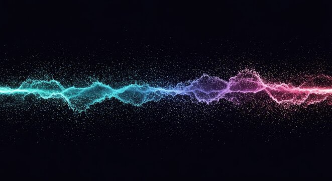 Conceptual visualization illustrating the fundamental duality of matter and energy, transitioning between distinct particle form and fluid wave dynamics, futuristic, cosmic, pattern