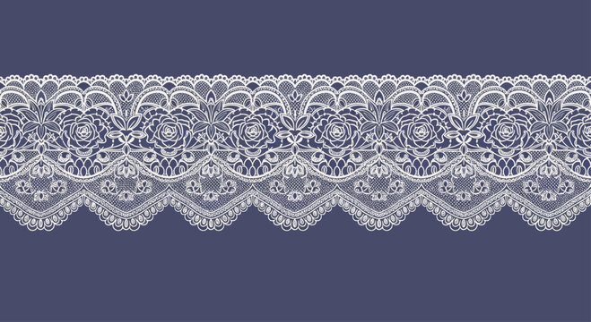 Elegant white floral lace border with roses and intricate patterns on a deep blue background