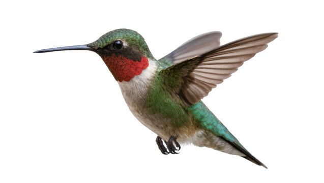 Vibrant Ruby-throated hummingbird in graceful flight, displaying iridescent green and red plumage