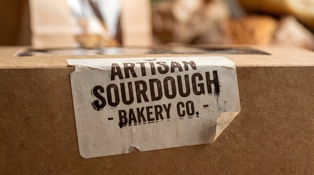 an assortment of artisanal bakery products packaged in brown cardboard boxes and paper bags with white labels on a wooden table.