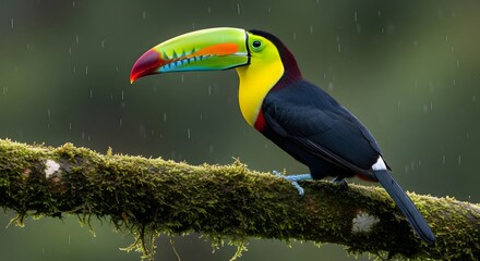 Fototapeta premium A vibrant toucan perched on a mossy branch in the rainforest