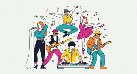 Fototapeta premium Vibrant band performance with energetic dancers and musicians playing instruments on stage with colorful musical notes