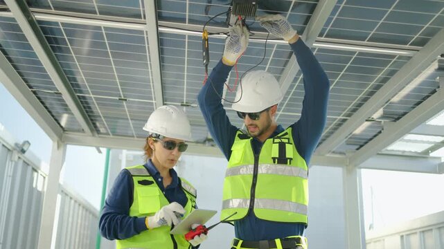 Two professional engineers in safety gear inspecting solar panels using a multimeter and digital tablet. Male and female technicians working on renewable energy maintenance for a sustainable future.