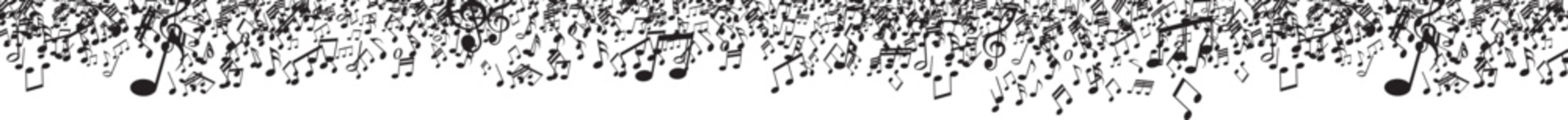 musical notes falling border on white background, luxury music symbols pattern, abstract horizontal frame for concert invitations or festival header