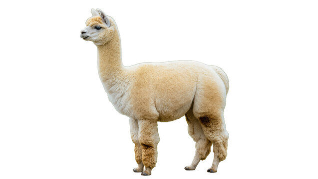 Elegant domestic alpaca with fluffy cream-colored wool standing, side profile view