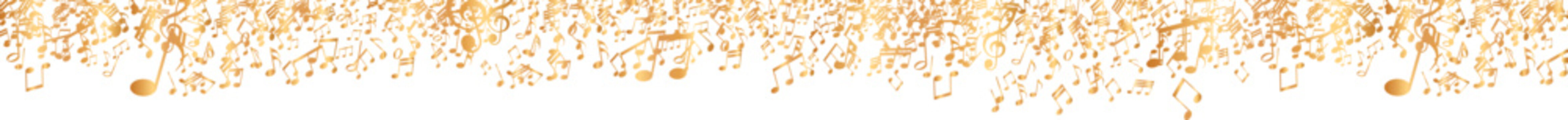 Gold musical notes falling border on white background, luxury music symbols pattern, abstract horizontal frame for concert invitations or festival header