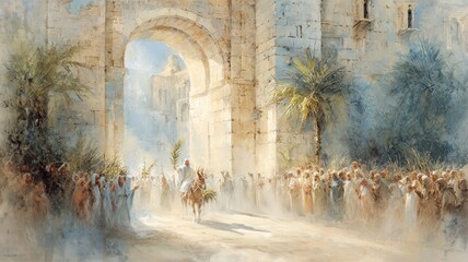 Naklejka na ściany i meble Watercolor illustration of Jesus Christ entering Jerusalem on a donkey during the Triumphal Entry, surrounded a crowd waving palm branches