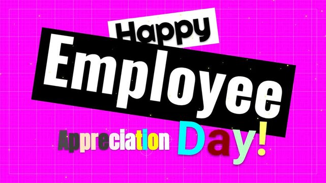 Animated greeting for Happy Employee Appreciation Day on a vibrant pink grid background.
