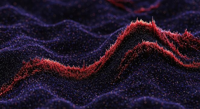 Abstract digital background featuring a dynamic, warped surface with flowing waves of corrupted data. Intense algorithmic noise and visual stress, transformation, magenta, algorithmic