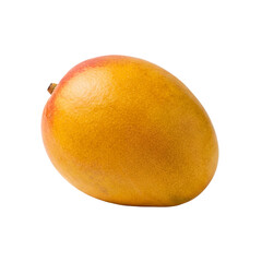 Fototapeta premium Vibrant tropical mango with smooth, colorful skin showcasing yellow, orange, and red gradient hues, isolated on a white background, emphasizing freshness and natural appeal