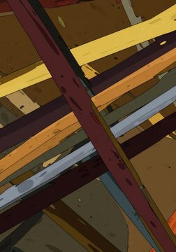 Bold lines and saturated color fields forming a chaotic yet balanced non-objective artwork texture. Modern creativity, bold, surreal, creative