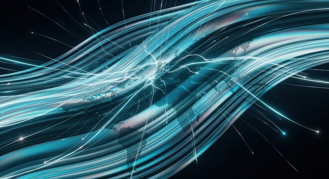 Cyan teal wave patterns, holographic layers, light streaks, world map silhouettes, cinematic contrast, professional economy growth visuals.