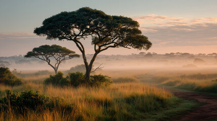 Fototapeta premium sunset and trees on the grassland