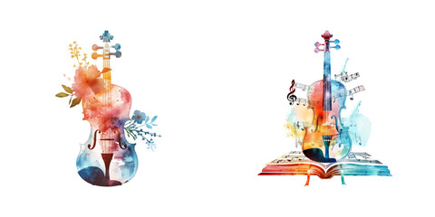 abstract color silhouette of violin with flowers watercolor vector illustration © Dar