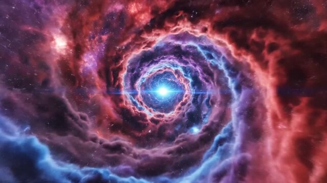 Spiral vortex of cosmic gas and dust featuring a luminous blue star at the center, surrounded by layers of red, purple, and blue nebular clouds in a dense starry background.