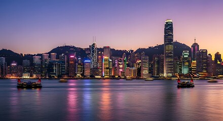 Fototapeta premium Hong kong skyline at dusk with victoria peak and harbor