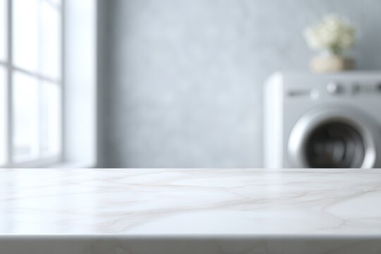 Empty marble table in laundry room interior, product mockup template