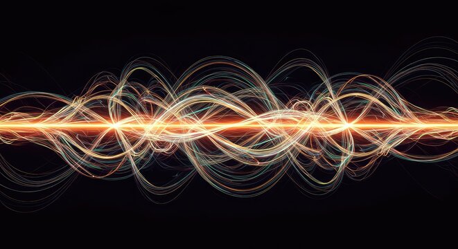 Complex abstract visualization of intertwined waves, demonstrating harmonic energy transmission and dynamic vibrational resonance fields, futuristic, harmonic, matrix