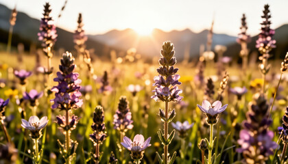 Naklejka premium a field filled with colorful flowers, with purple blooms prominently featured. The setting includes mountains in the background and soft sunlight illuminating the flowers.