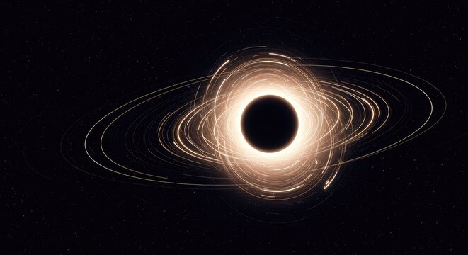 Cosmic abstract rendering of gravitational pull showing curved light paths and spacetime distortion around an invisible massive core in deep space, spiral, powerful, curvature