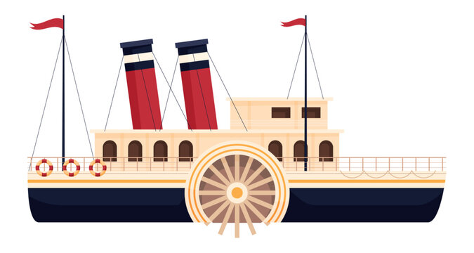 Illustration of an old coal-fired steamboat on a white background with red funnels and a paddle wheel, intended for river travel and excursions.