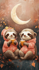 Fototapeta premium Adorable cartoon sloth wearing pink star pajamas holding mugs of cocoa under big crescent moon, vertical mobile phone wallpaper design.