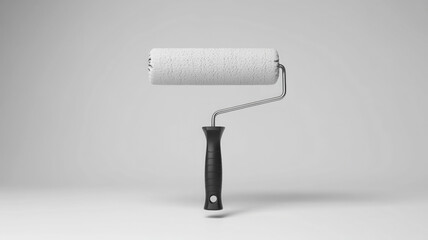 Fototapeta premium New clean paint roller with white cover and black handle, floating against a soft grey background. Perfect for DIY home renovation, painting projects, and construction concepts.
