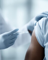 Fototapeta premium Doctor vaccinating male patient in clinic, close-up medical concept