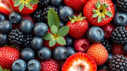 Obraz premium Ripe Blueberries and Strawberries with Fresh Green Mint Leaf