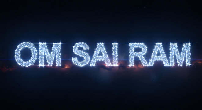 Om sai ram text glowing particles dark blue background