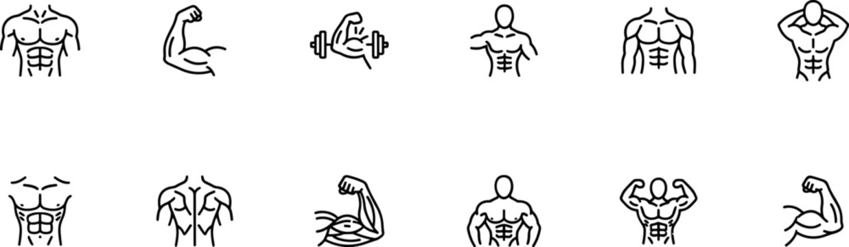 fitness muscle bodybuilding gym workout icons with strong athlete body torso biceps chest and abs anatomy training symbols collection illustration on transparent background