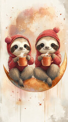 Fototapeta premium Two little sloth in red hoodie sitting on moon crescent drinking cocoa on light artistic background, vertical mobile wallpaper design.