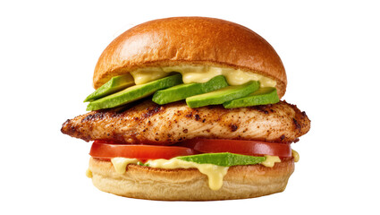 Gourmet grilled chicken sandwich with fresh avocado and creamy sauce on a brioche bun © Rowan