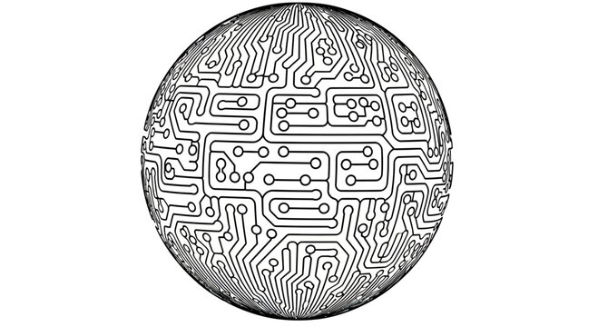 A black and white sphere patterned with intricate circuit board lines