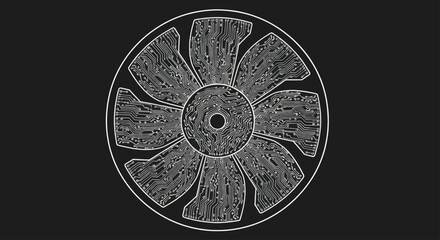 Naklejka premium Circular circuit board pattern resembling a fan against a black background