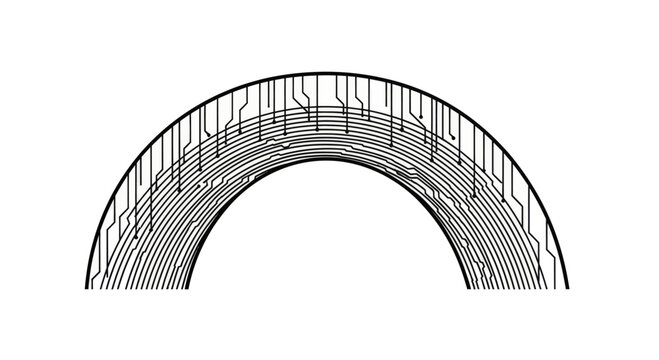 Black circuit board lines form a layered, arched structure against white