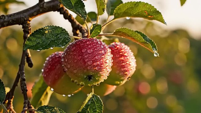 Close-up of ripe apples covered in morning dew hanging on tree branches in orchard natural sunlight outdoor environment