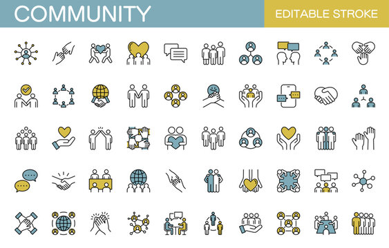 コミュニティに関するラインアイコンセット（線幅変更可能・カラー）