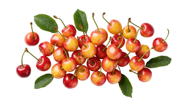 Delicious fresh ripe Rainier cherries scattered with green leaves, a sweet summer fruit snack