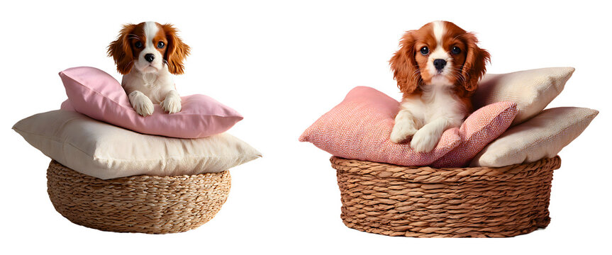 Two adorable cavalier king charles spaniels resting wicker baskets with colorful pillows isolated on a white or transparent background