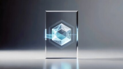 Fototapeta premium 3D geometric watermark on glass pane – Ideal for digital authenticity, content security, or verification technology.