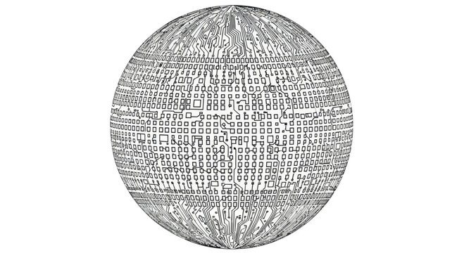 Abstract sphere rendered as a circuit board with binary code patterns