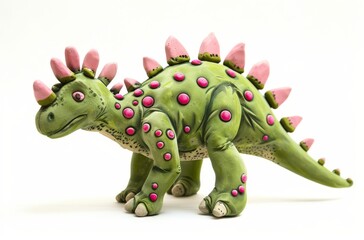 Fototapeta premium Cute green stegosaurus clay character pink spots plasticine style isolated white background children illustration