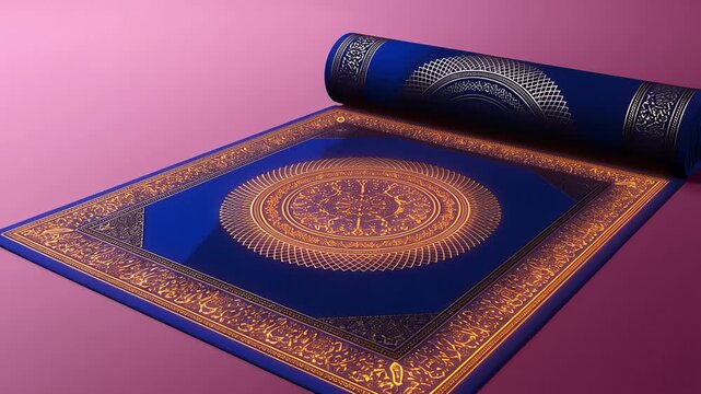 Festive 3D icon of prayer mat unrolling itself with glowing Islamic patterns emerging along its surface in cartoon style. Eid al-Adha, Kurban Bayram, Islamic holiday, family celebration, Muslim ... Se