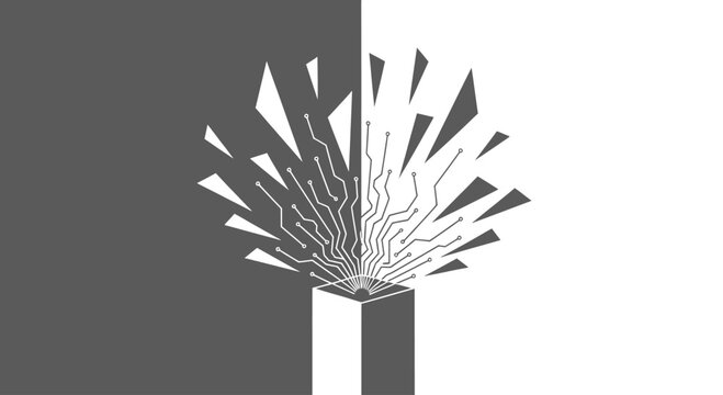 Futuristic digital tree erupting from a cube against a dual-toned background