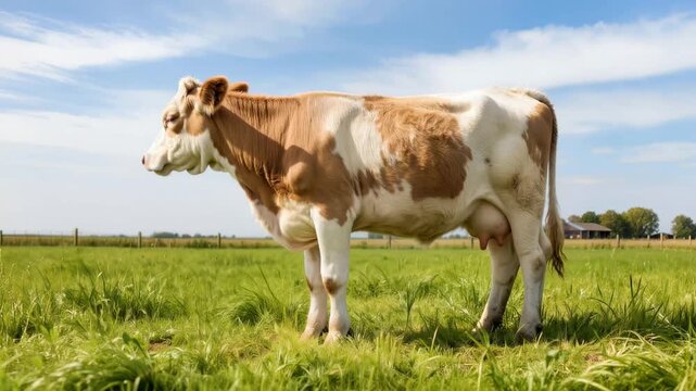 Brown and white cow stands on a green grassy field under a blue sky with farm buildings in background. Rural agriculture scene with livestock and natural countryside environment.