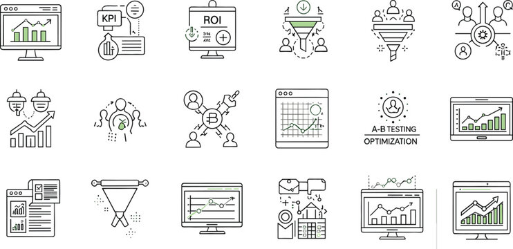 Business Analytics and Marketing Icon Set Featuring KPI, ROI, A B Testing, Funnel, Data Charts, Growth Metrics, Dashboard, and Performance Optimization Symbols for Digital Strategy Design