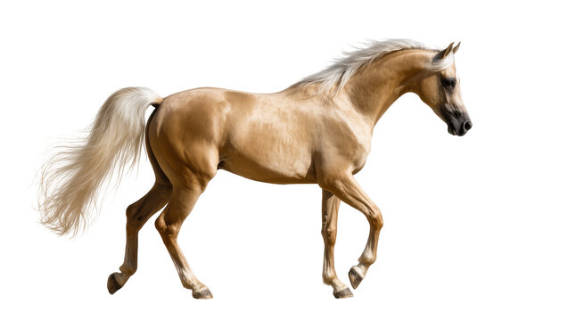 Elegant palomino horse with golden coat and flowing mane trotting in natural gait